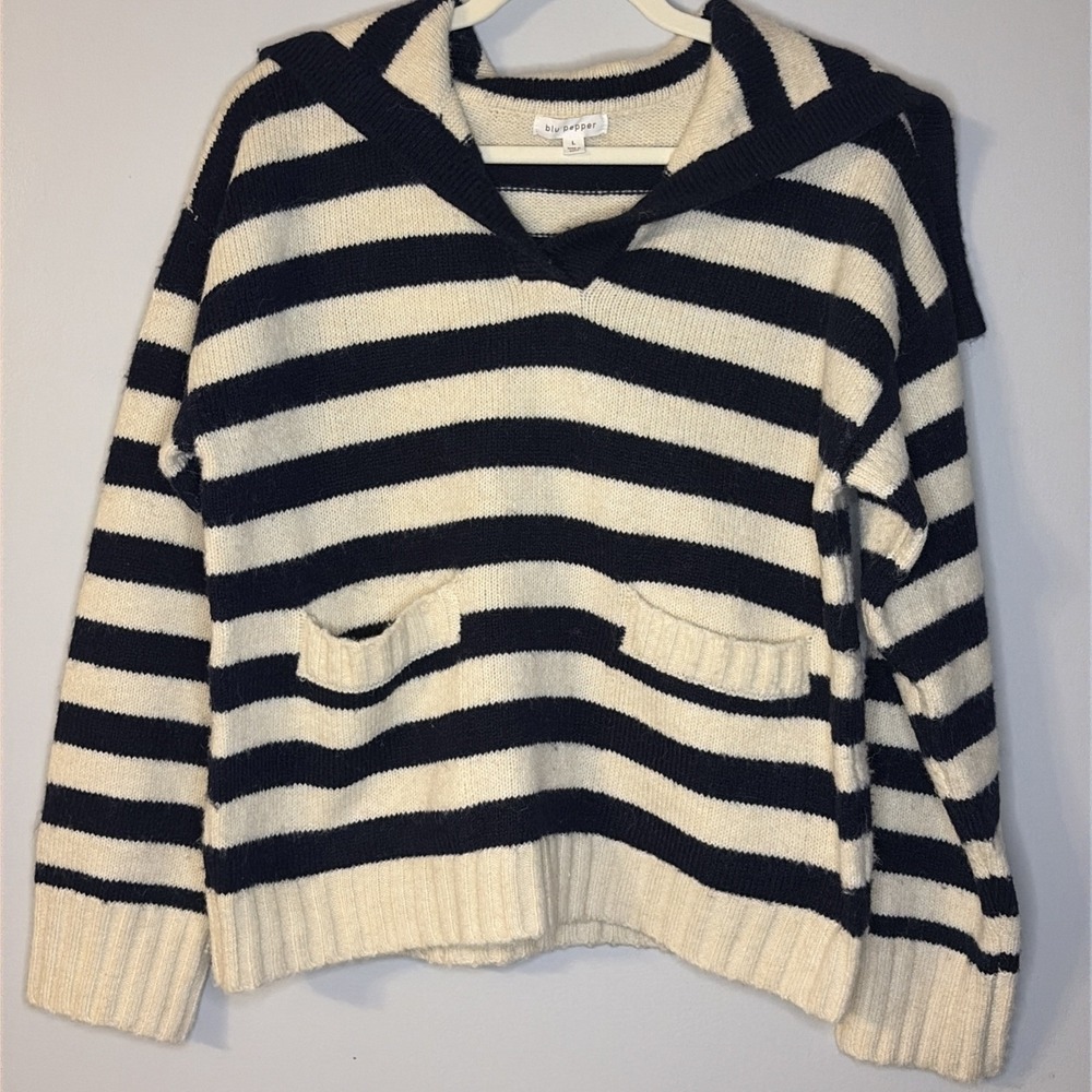 Nautical Blu Pepper Sailor Soft Striped‎ Navy and White Preppy Coastal Sweater L